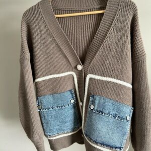 Cozy Brown Cardigan with Denim Accents